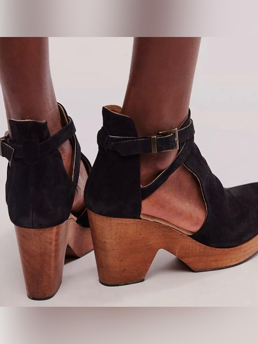 Free People Black Suede Cutout Platform Clog with Wood Heel Sz 37